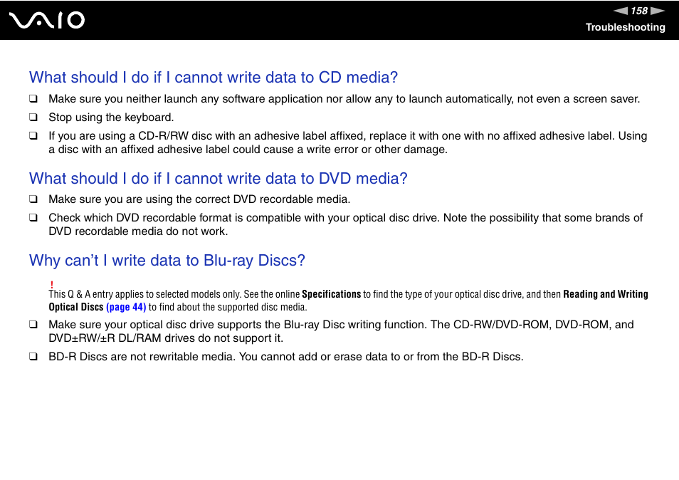 Why can’t i write data to blu-ray discs | Sony VGC-LT18E User Manual | Page 158 / 191