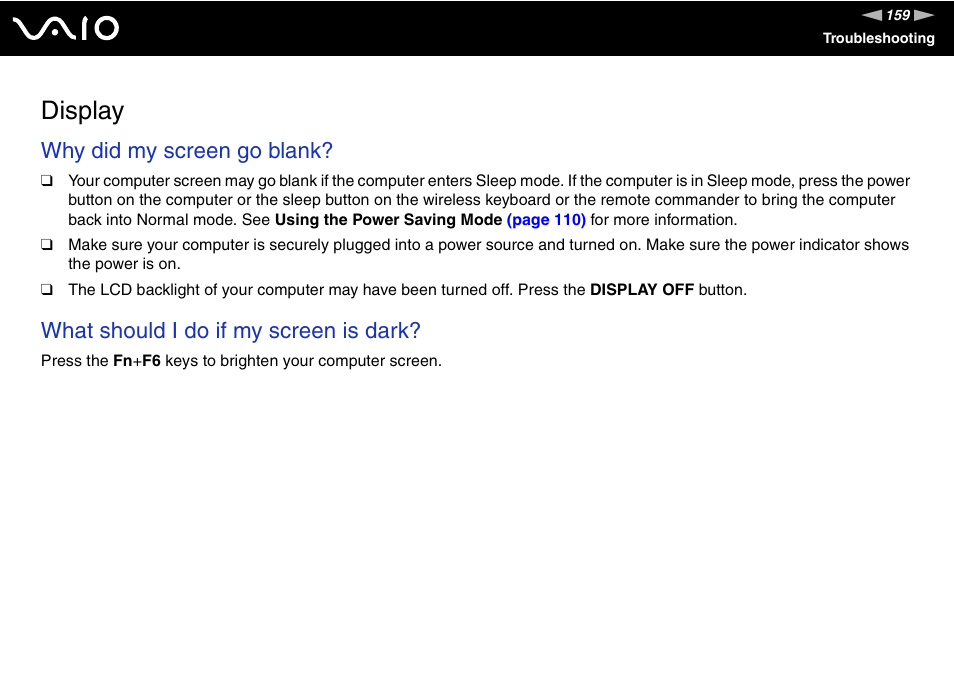 Display, Why did my screen go blank, What should i do if my screen is dark | Sony VGC-LT18E User Manual | Page 159 / 191