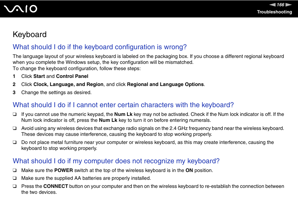 Keyboard | Sony VGC-LT18E User Manual | Page 166 / 191