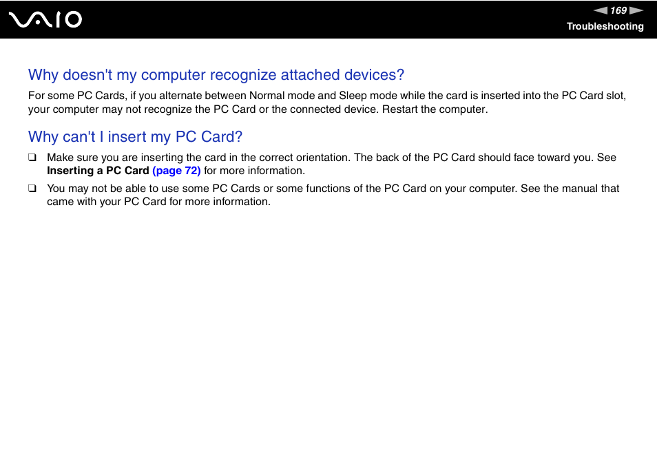 Why doesn't my computer recognize attached devices, Why can't i insert my pc card | Sony VGC-LT18E User Manual | Page 169 / 191