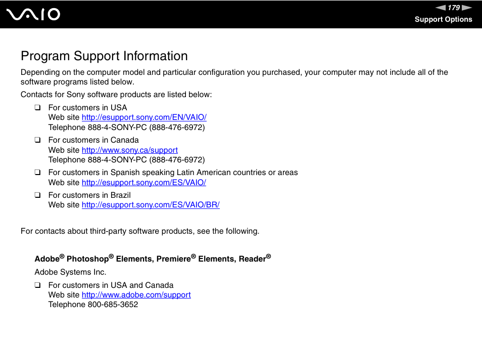 Program support information | Sony VGC-LT18E User Manual | Page 179 / 191