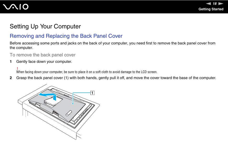 Setting up your computer, Removing and replacing the back panel cover | Sony VGC-LT18E User Manual | Page 18 / 191