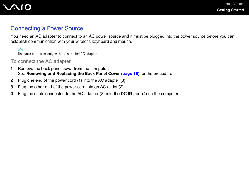 Connecting a power source | Sony VGC-LT18E User Manual | Page 20 / 191