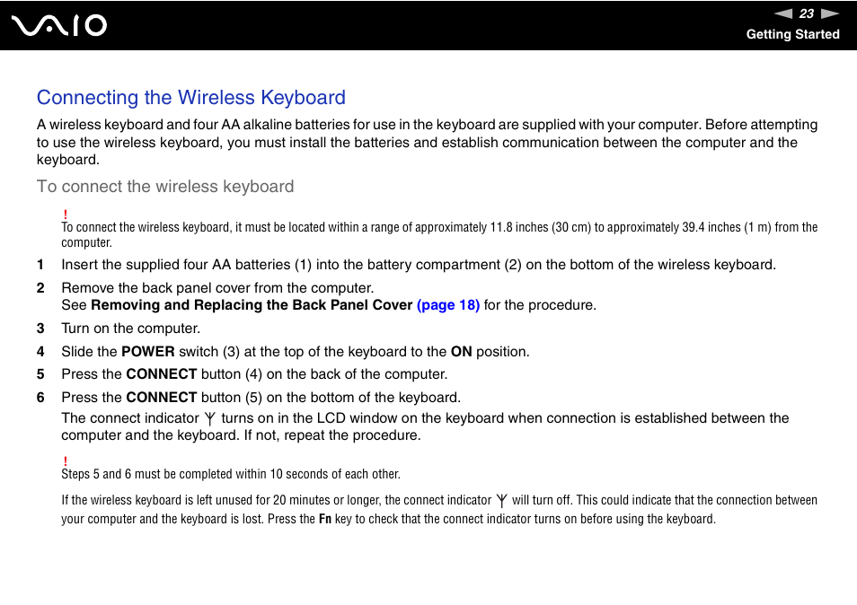 Connecting the wireless keyboard | Sony VGC-LT18E User Manual | Page 23 / 191