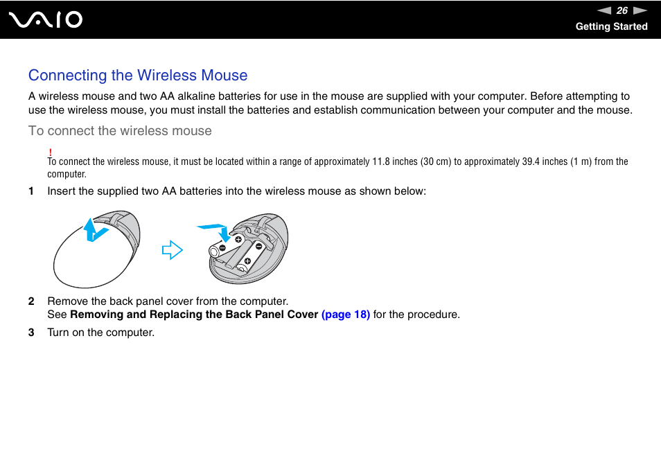 Connecting the wireless mouse | Sony VGC-LT18E User Manual | Page 26 / 191