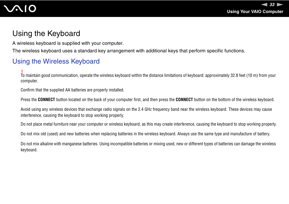 Using the keyboard, Using the wireless keyboard | Sony VGC-LT18E User Manual | Page 33 / 191