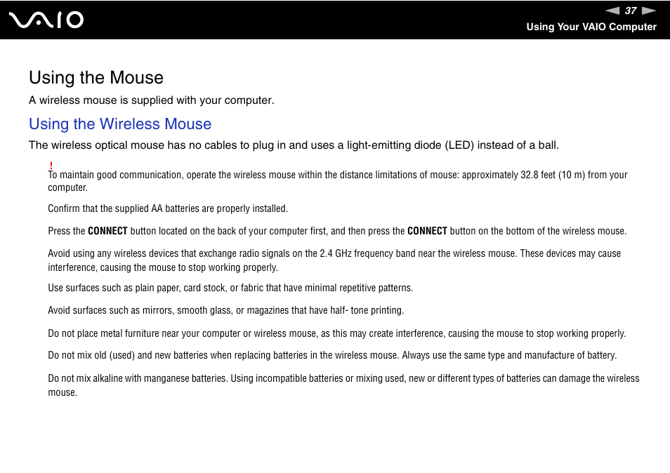 Using the mouse, Using the wireless mouse | Sony VGC-LT18E User Manual | Page 37 / 191