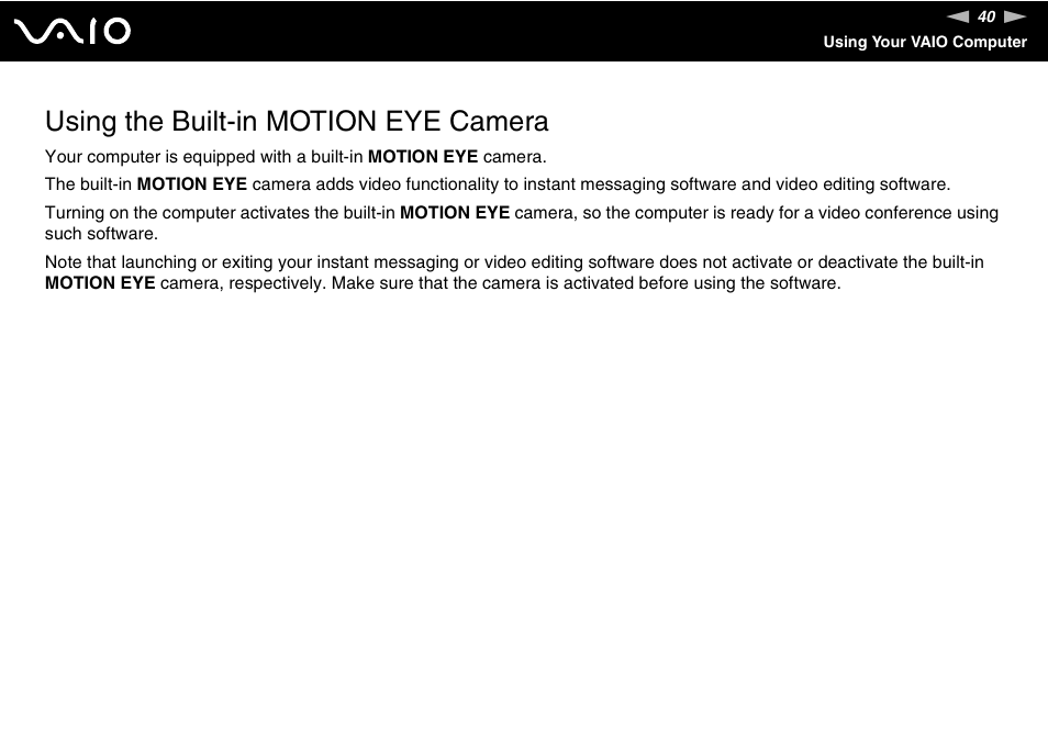 Using the built-in motion eye camera | Sony VGC-LT18E User Manual | Page 40 / 191