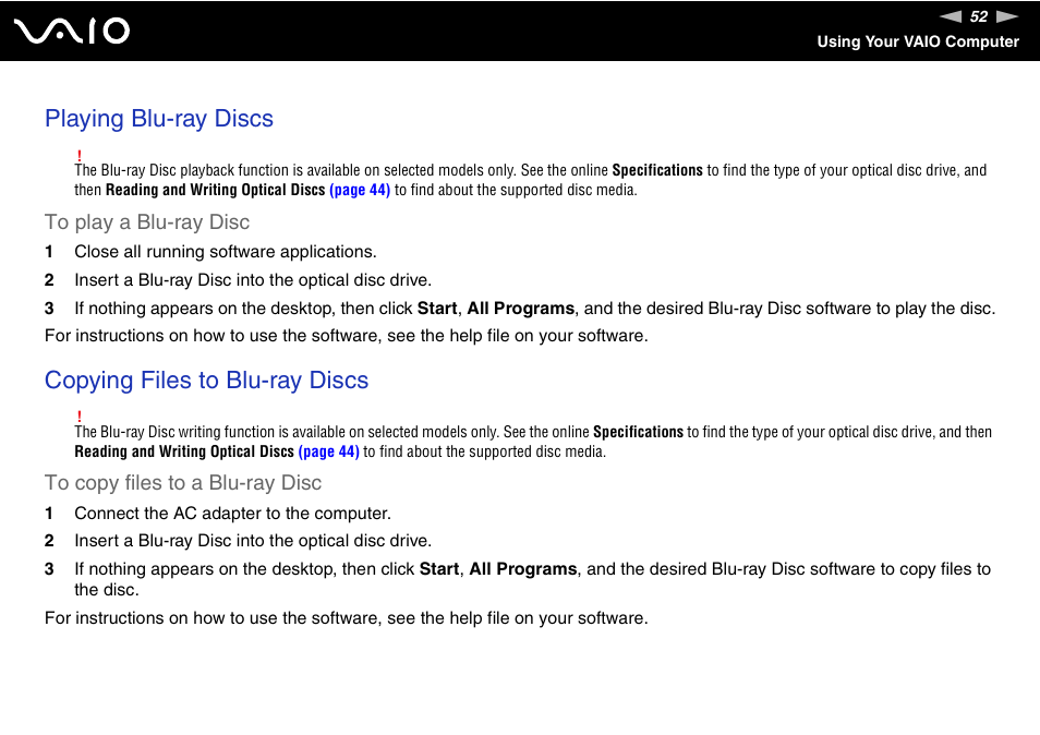 Playing blu-ray discs, Copying files to blu-ray discs | Sony VGC-LT18E User Manual | Page 52 / 191