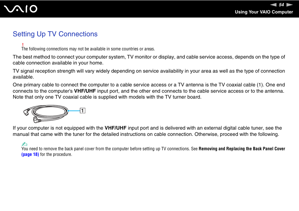 Setting up tv connections | Sony VGC-LT18E User Manual | Page 54 / 191