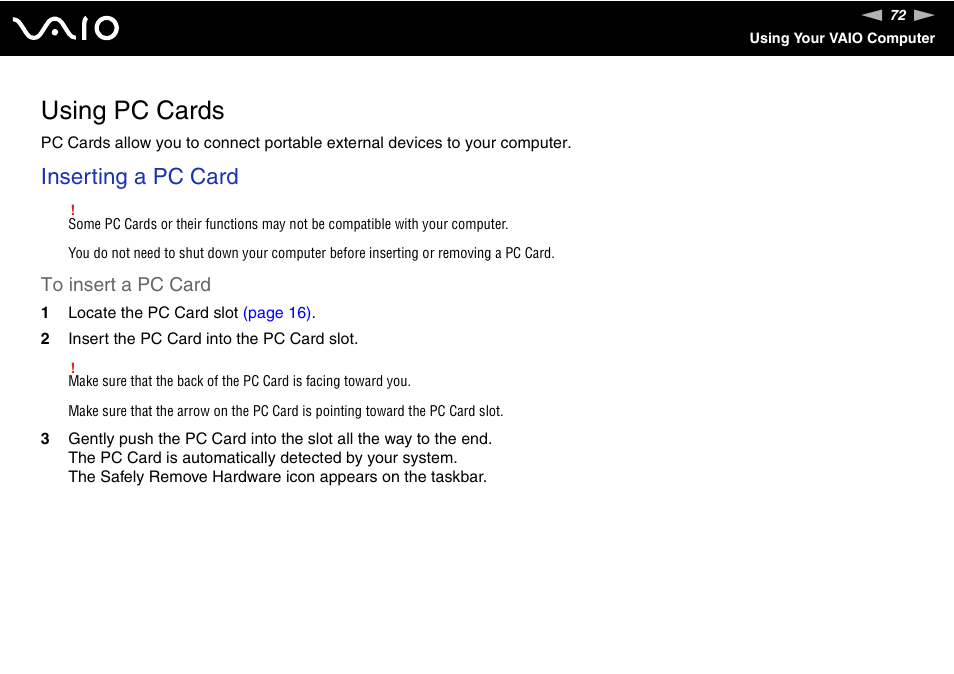 Using pc cards, Inserting a pc card | Sony VGC-LT18E User Manual | Page 72 / 191