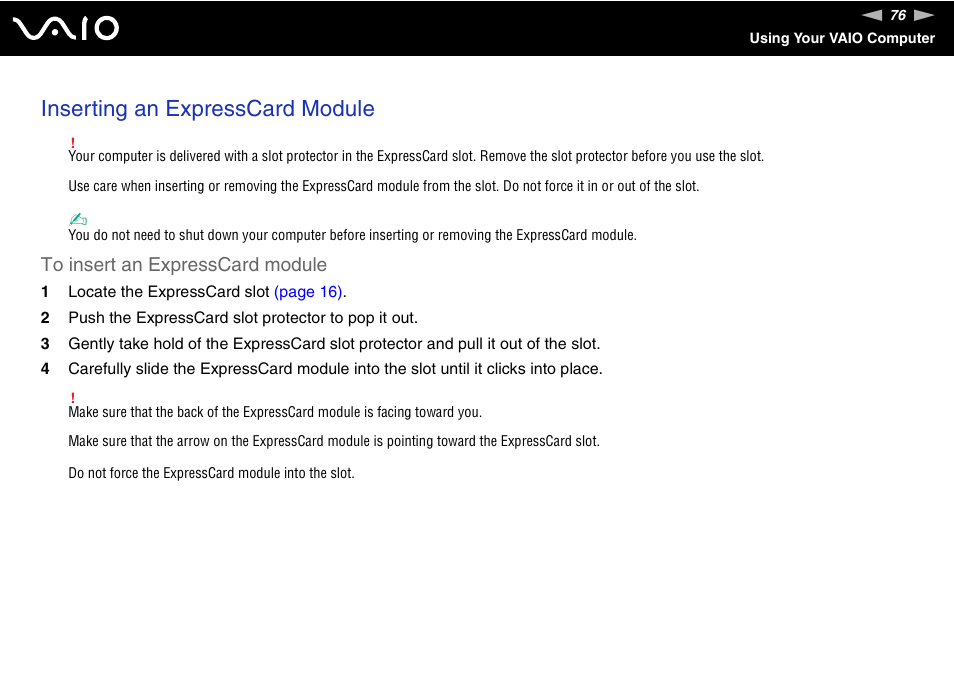 Inserting an expresscard module | Sony VGC-LT18E User Manual | Page 76 / 191