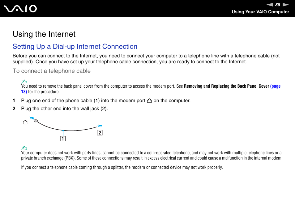 Using the internet, Setting up a dial-up internet connection | Sony VGC-LT18E User Manual | Page 88 / 191