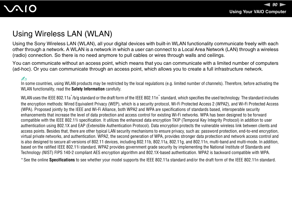 Using wireless lan (wlan), Lan) | Sony VGC-LT18E User Manual | Page 90 / 191