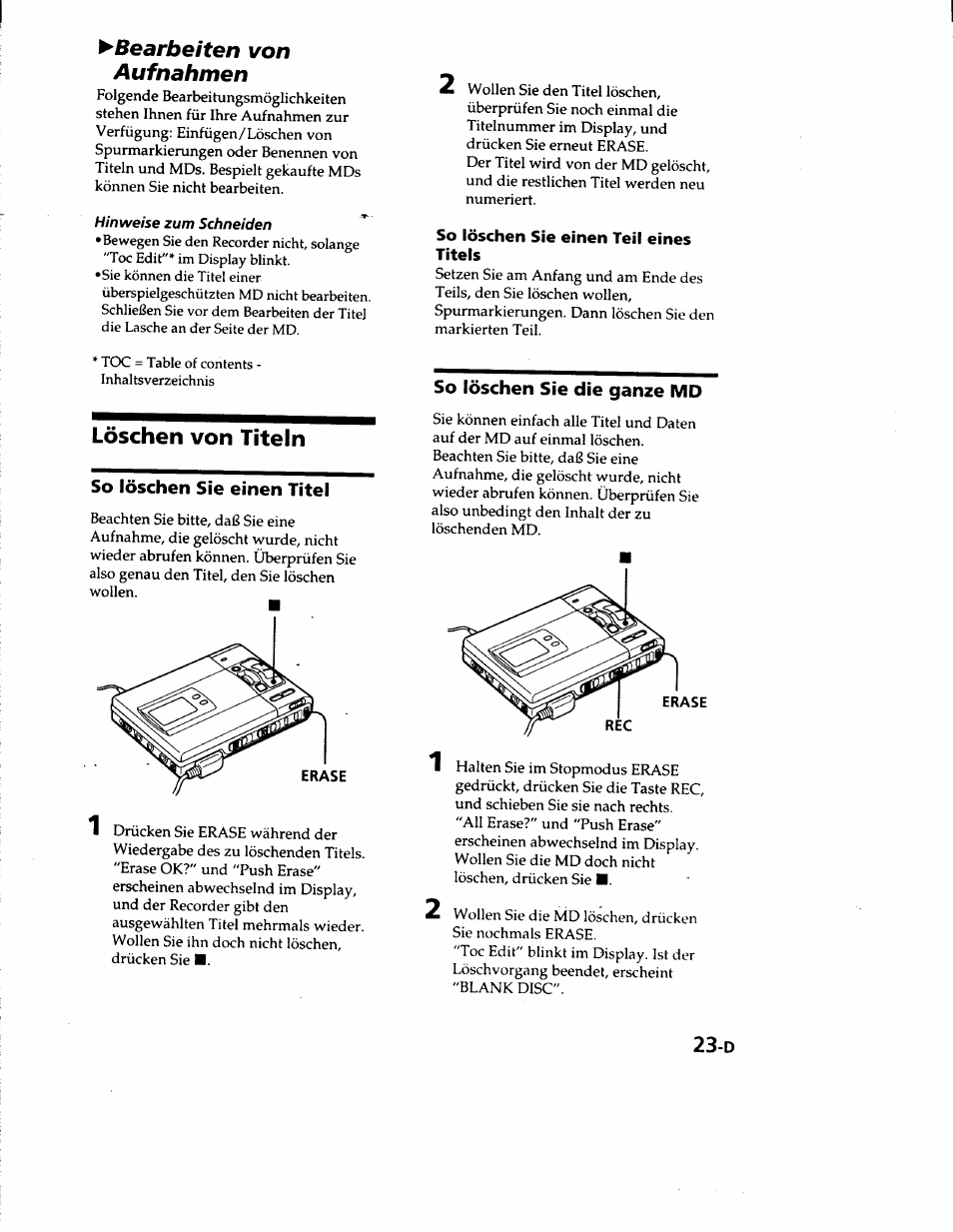 Bearbeiten von aufnahmen, So löschen sie einen teil eines titels, Löschen von titeln | So löschen sie einen titel | Sony MZ-R50 User Manual | Page 100 / 195