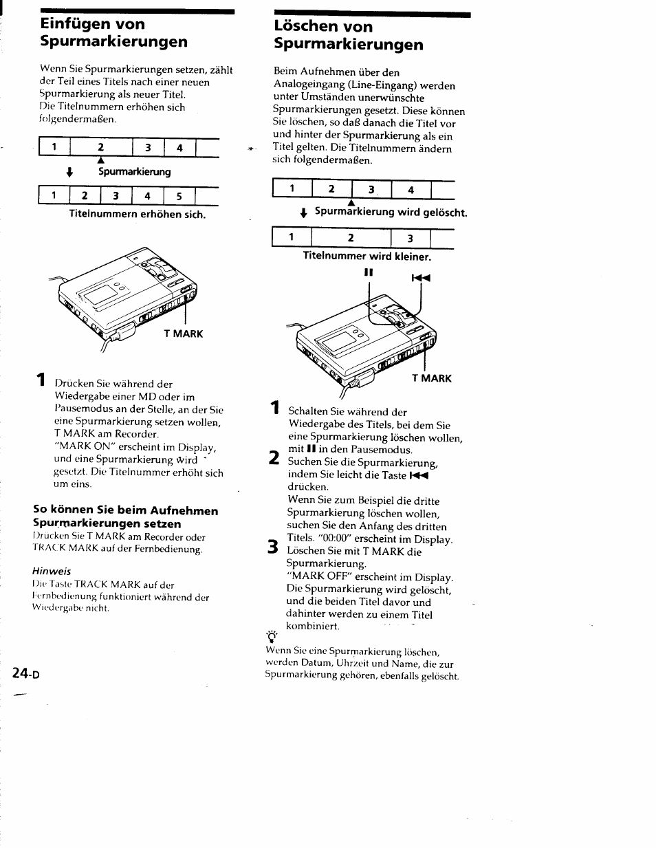 Einfügen von spurmarkierungen, Löschen von spurmarkierungen | Sony MZ-R50 User Manual | Page 101 / 195