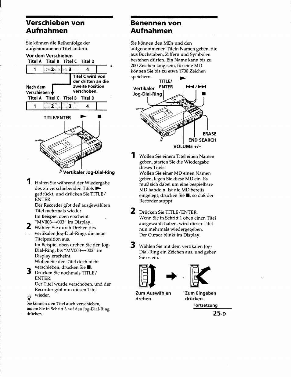 Verschieben von aufnahmen, Benennen von aufnahmen, Verschieben von aufnahmen benennen von aufnahmen | Sony MZ-R50 User Manual | Page 102 / 195