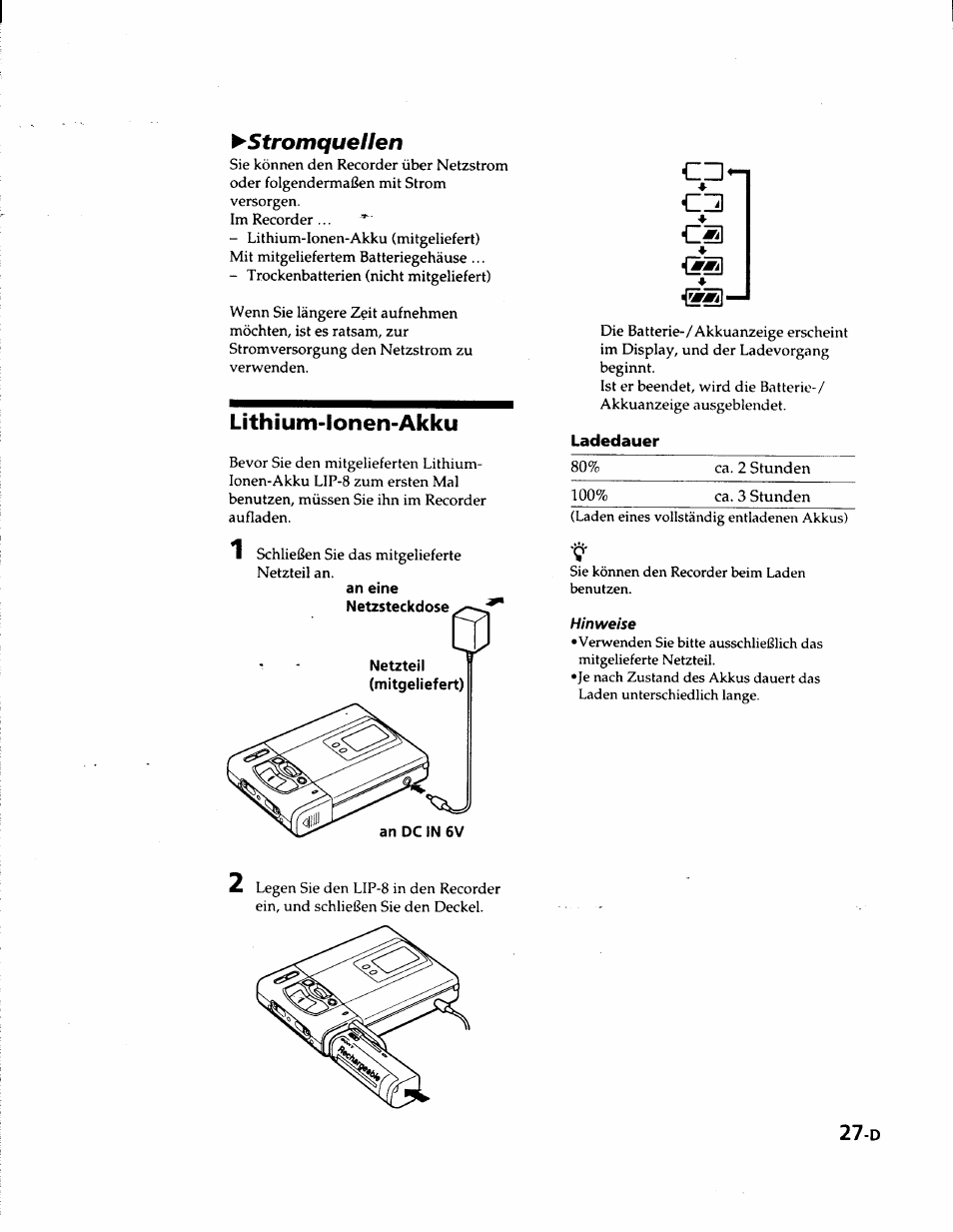 Stromquellen, Lithium-ionen-akku | Sony MZ-R50 User Manual | Page 104 / 195