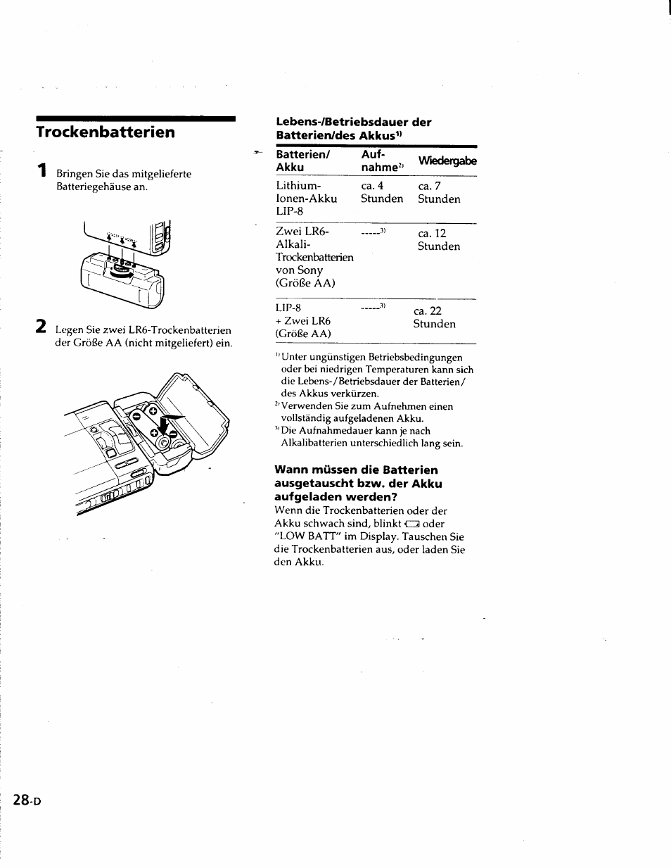 Т rockenbatterien, Lebens-zbetriebsdauer der batterien/des akkus, Trockenbatterien | Sony MZ-R50 User Manual | Page 105 / 195