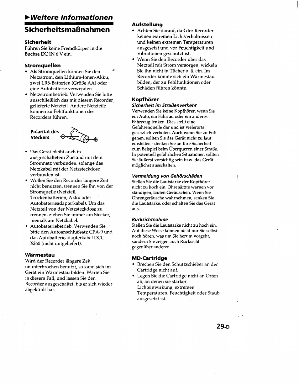 Weitere informationen sicherheitsmaßnahmen, Sicherheit, Stromquellen | Polarität des steckers, Wärmestau, Aufstellung, Kopfhörer, Md'cartridge, Sicherheitsmaßnahmen | Sony MZ-R50 User Manual | Page 106 / 195