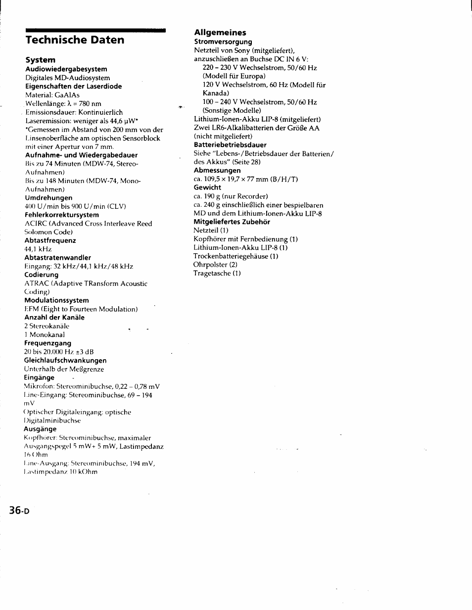 Technische daten, System, Allgemeines | Sony MZ-R50 User Manual | Page 113 / 195