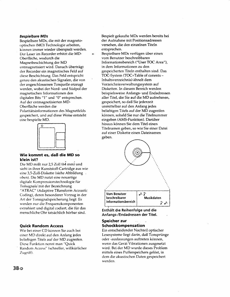 Wie kommt es, daß die md so klein ist, Quick random access, Speicher zur schockkompensation | Sony MZ-R50 User Manual | Page 115 / 195