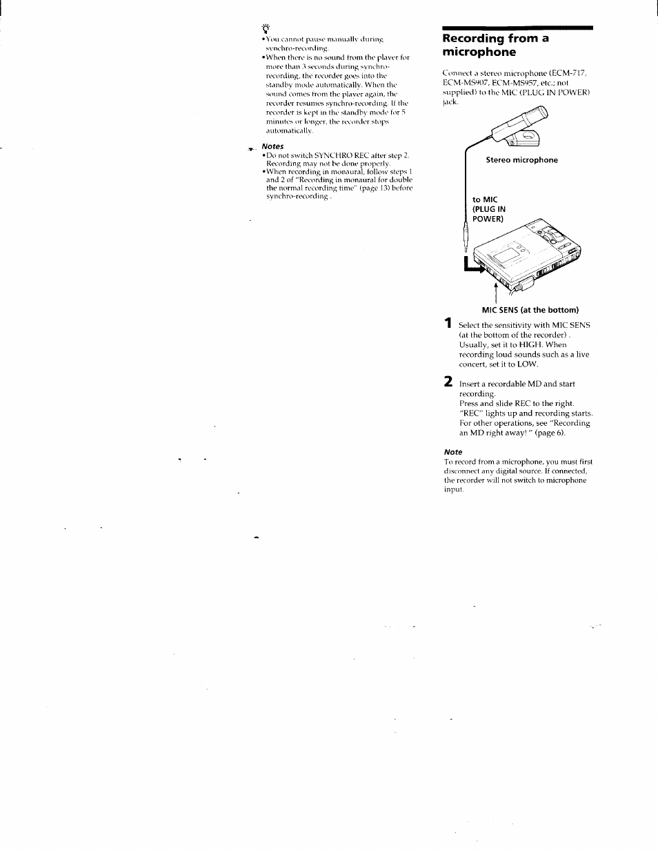 Recording from a microphone | Sony MZ-R50 User Manual | Page 12 / 195