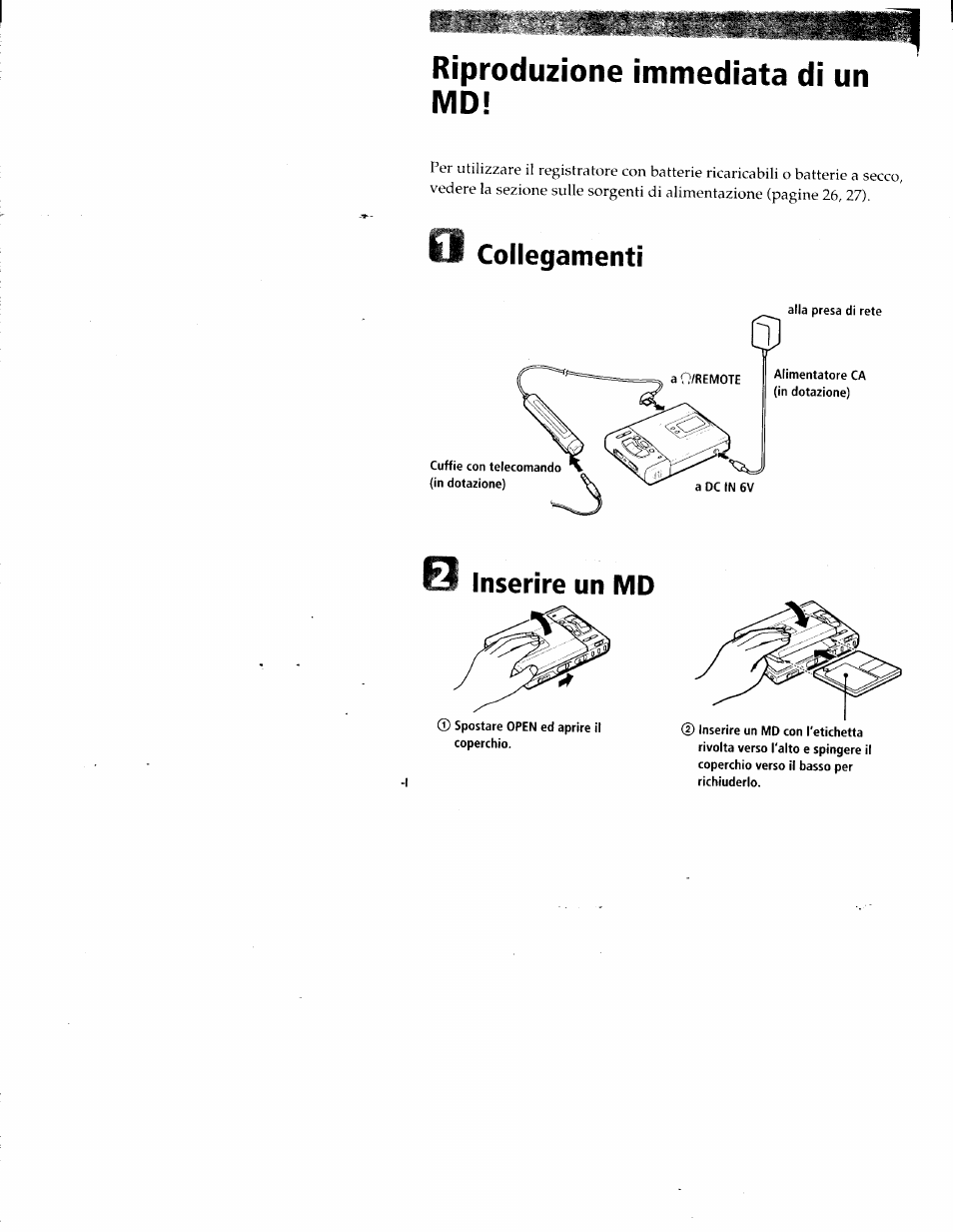 Riproduzione immediata di un md, Collegamenti inserire un md | Sony MZ-R50 User Manual | Page 125 / 195