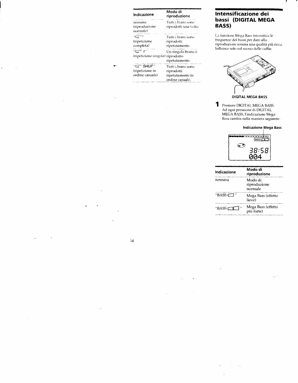 Modo di, Intensificazione dei bassi (digital mega bass), Indicazione mega bass | Sony MZ-R50 User Manual | Page 135 / 195