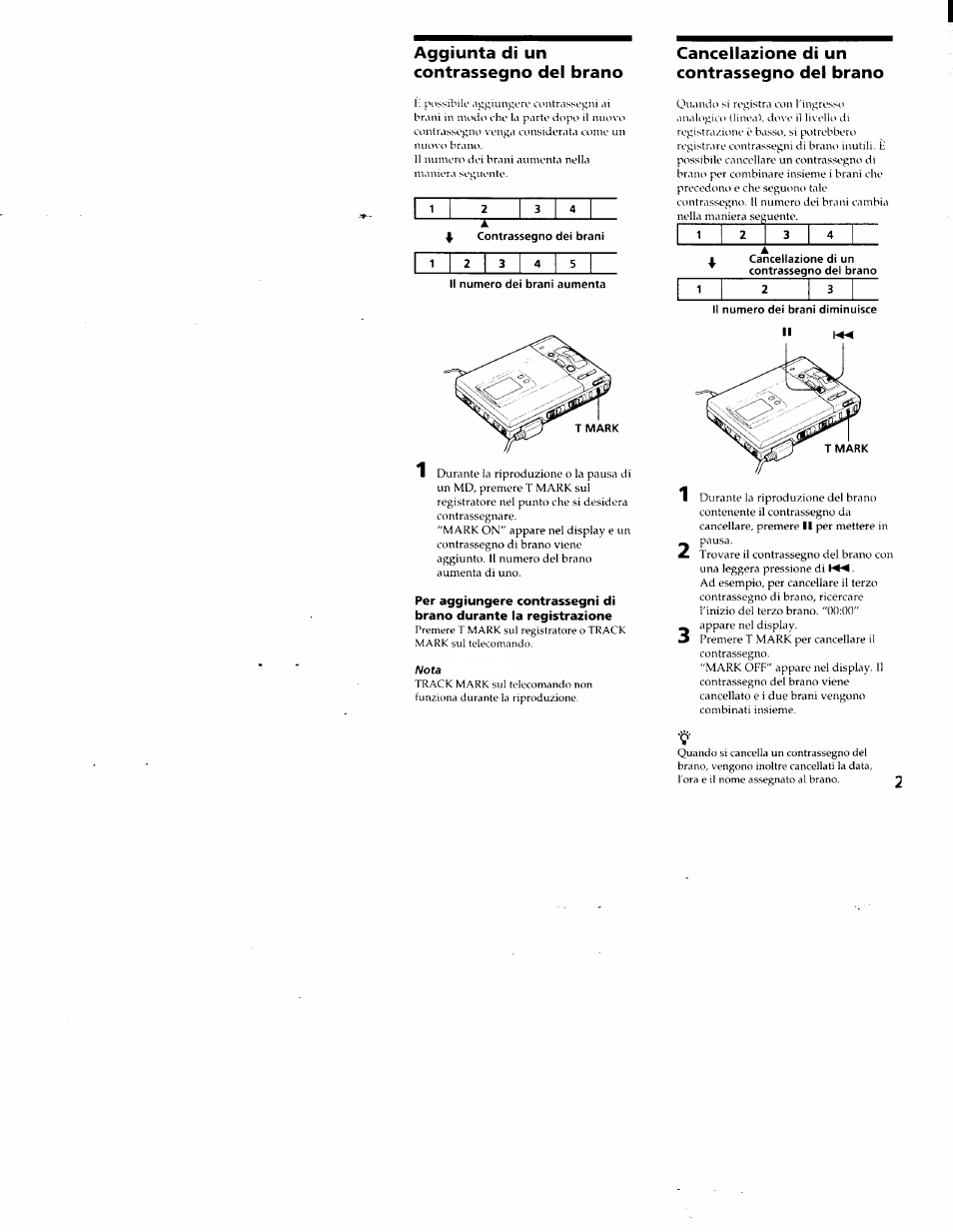 Aggiunta di un contrassegno del brano, Cancellazione di un contrassegno del brano | Sony MZ-R50 User Manual | Page 140 / 195