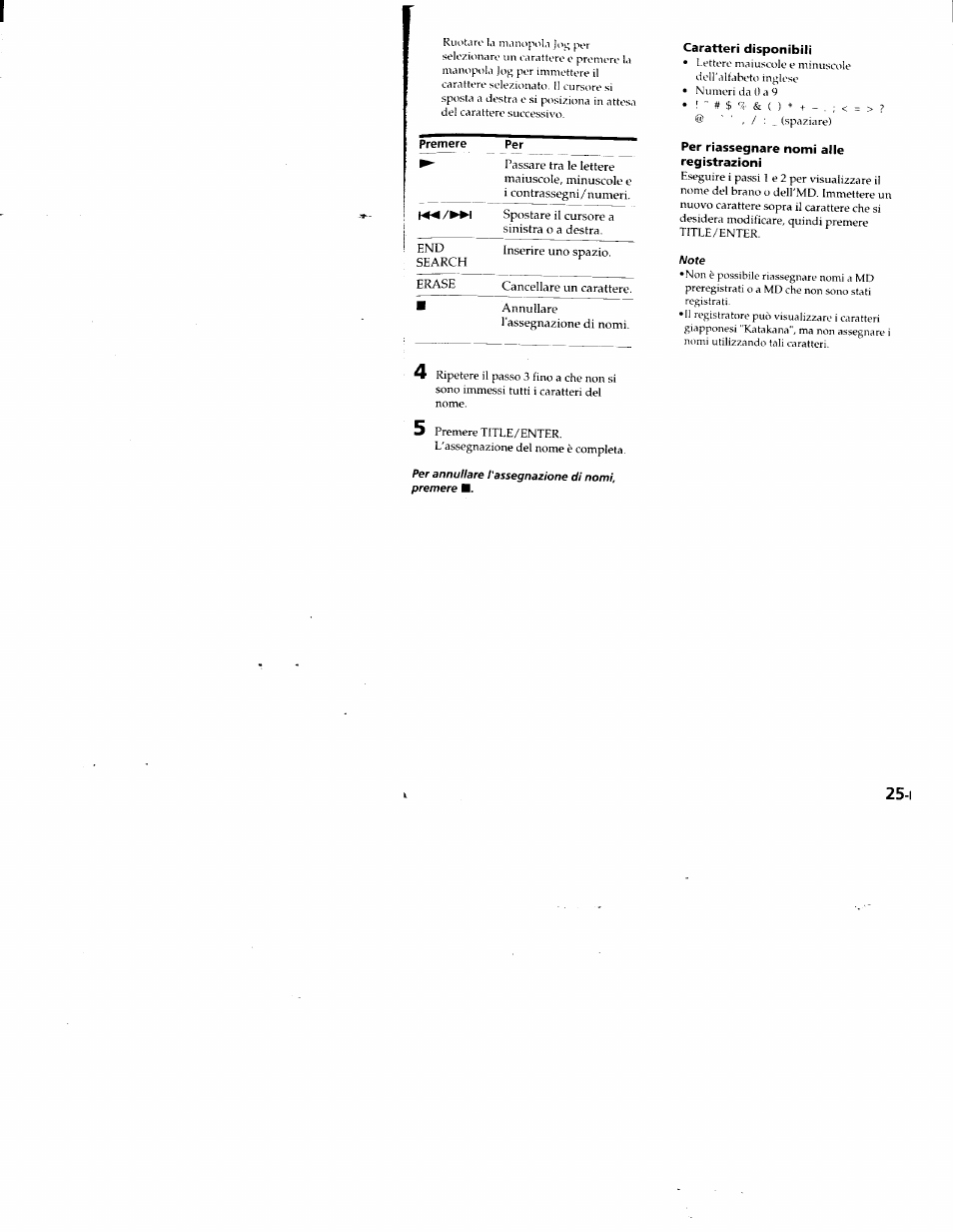 Caratteri disponibili, Per riassegnare nomi alle registrazioni | Sony MZ-R50 User Manual | Page 142 / 195