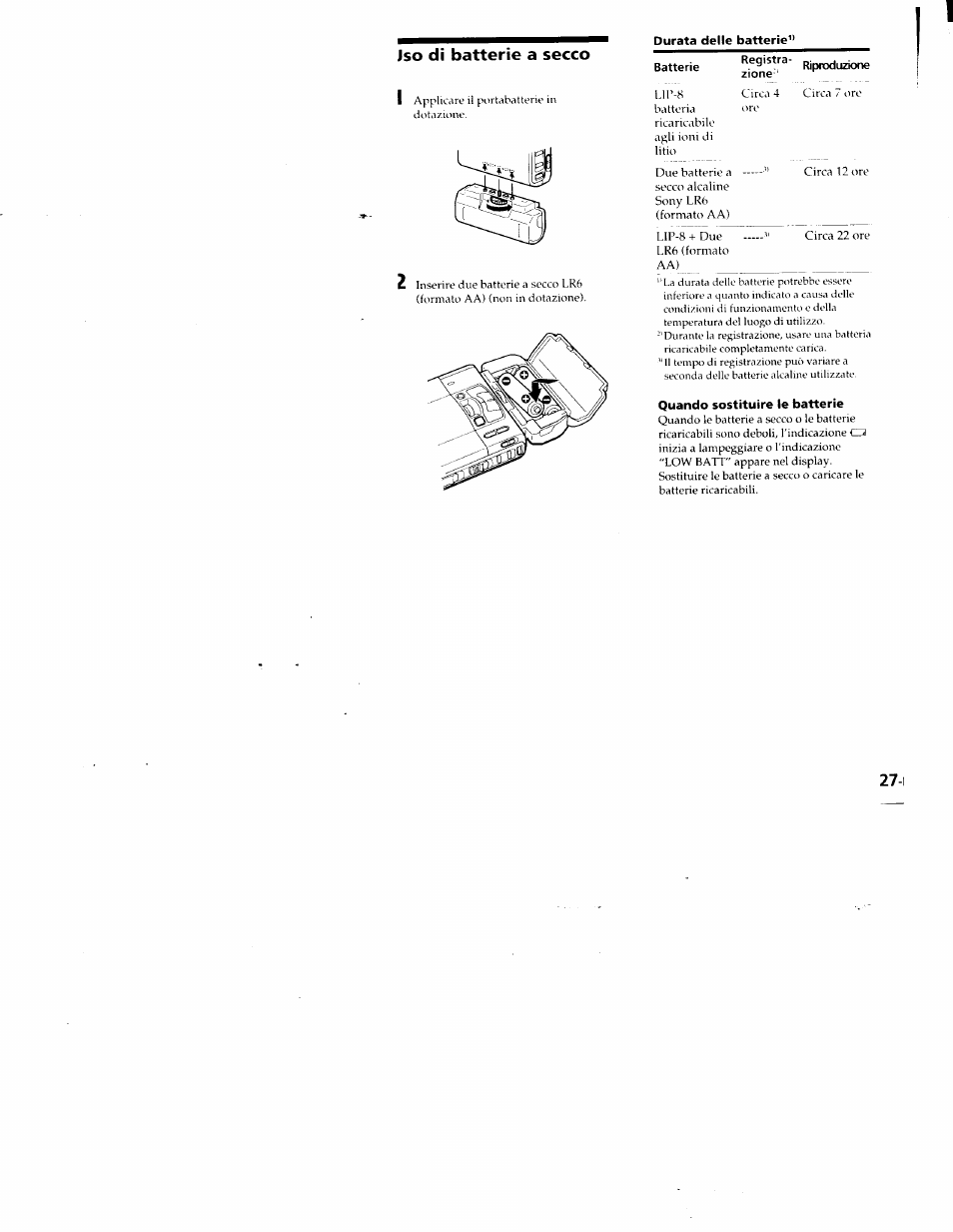 Jso di batterie a secco, Durata delle batterie, Quando sostituire le batterie | Sony MZ-R50 User Manual | Page 144 / 195