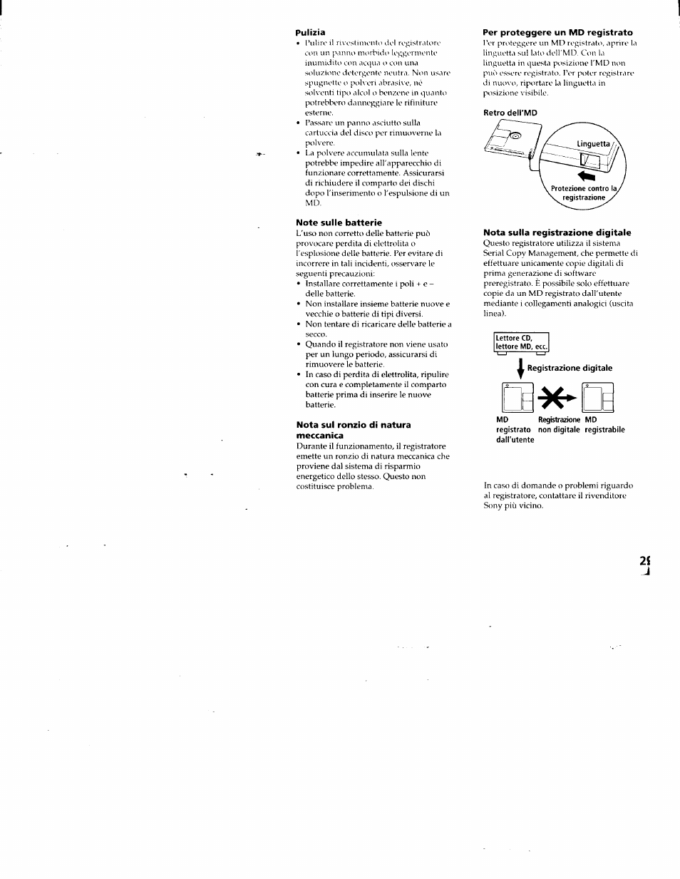 Pulizia, Note sulle batterie, Nota sul ronzio di natura meccanica | Per proteggere un md registrato, Nota sulla registrazione digitale | Sony MZ-R50 User Manual | Page 145 / 195