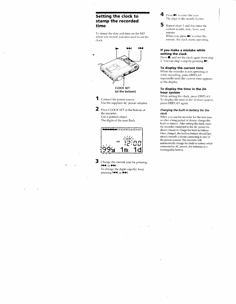 Setting the clock to stamp the recorded time, If you make a mistake while setting the dock, To display the current time | To display the time in the 24- hour system | Sony MZ-R50 User Manual | Page 16 / 195