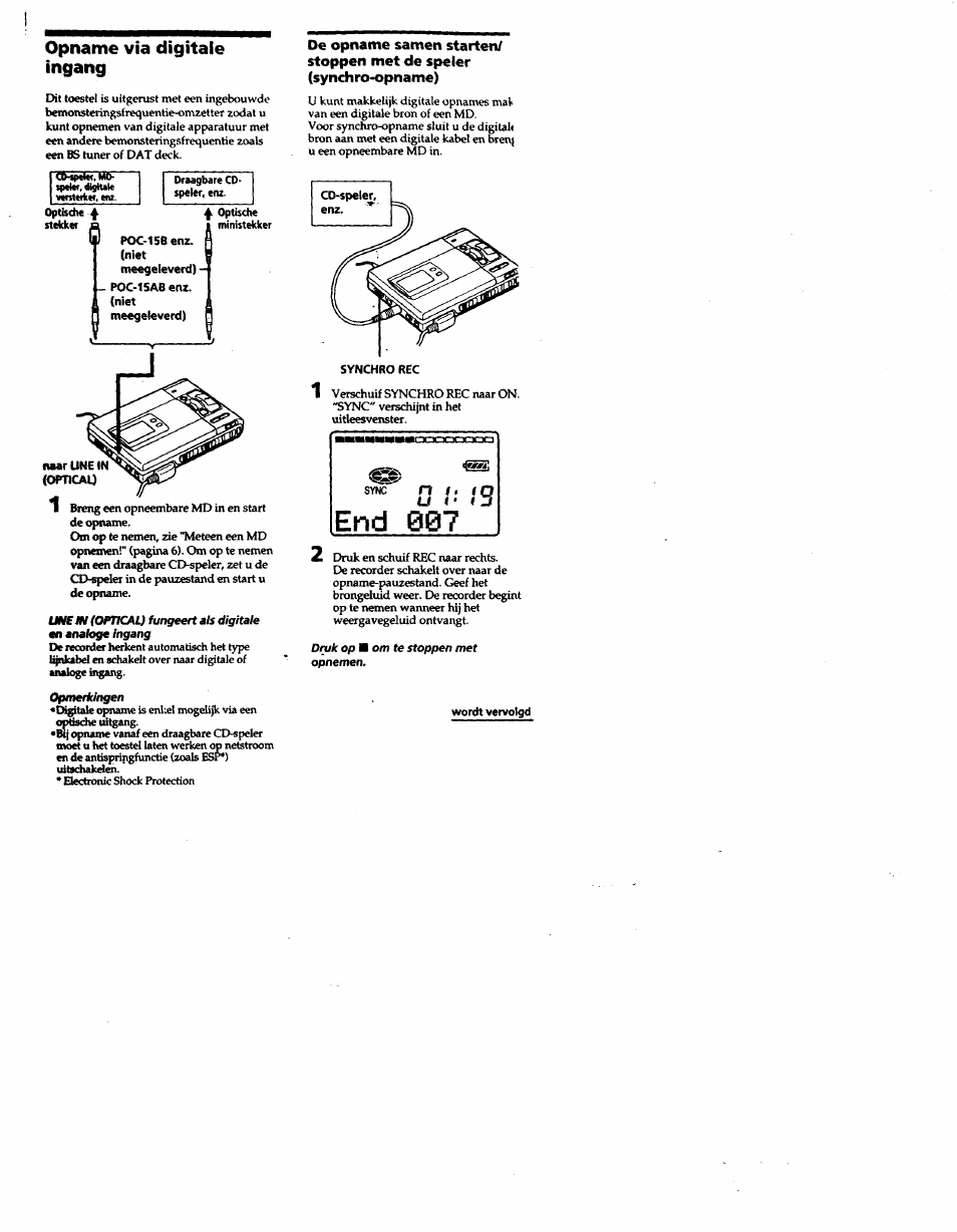 End 007, Opname via digitale ingang | Sony MZ-R50 User Manual | Page 160 / 195