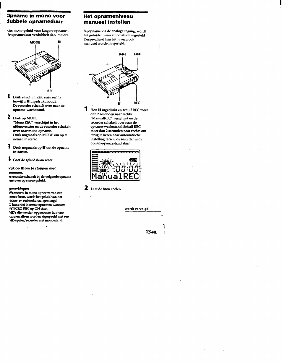 Mattualrec, Sn . n n, Эрпате in mono voor dubbele opnameduur | Het opnameniveau manueei insteilen | Sony MZ-R50 User Manual | Page 162 / 195