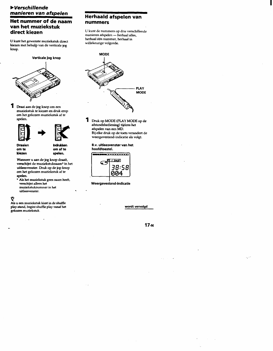 Verticale jog knop, Indmkken om af te spelen, Mode | B.v. uitleesvenster van het hoofdtoestel, Verschillende manieren van afspelen, Herhaald afspelen van nummers | Sony MZ-R50 User Manual | Page 168 / 195