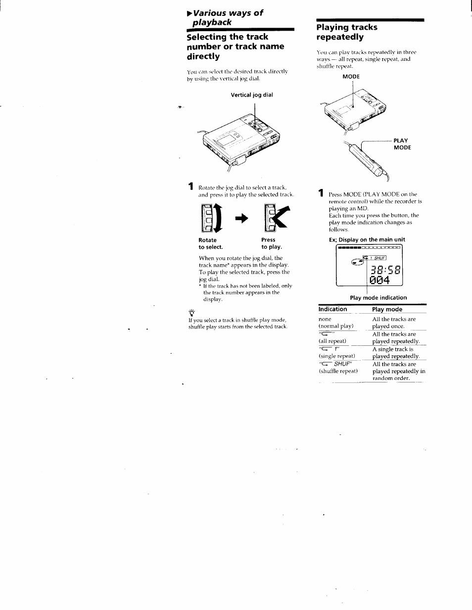Selecting the track number or track name directly, Playing tracks repeatedly | Sony MZ-R50 User Manual | Page 17 / 195