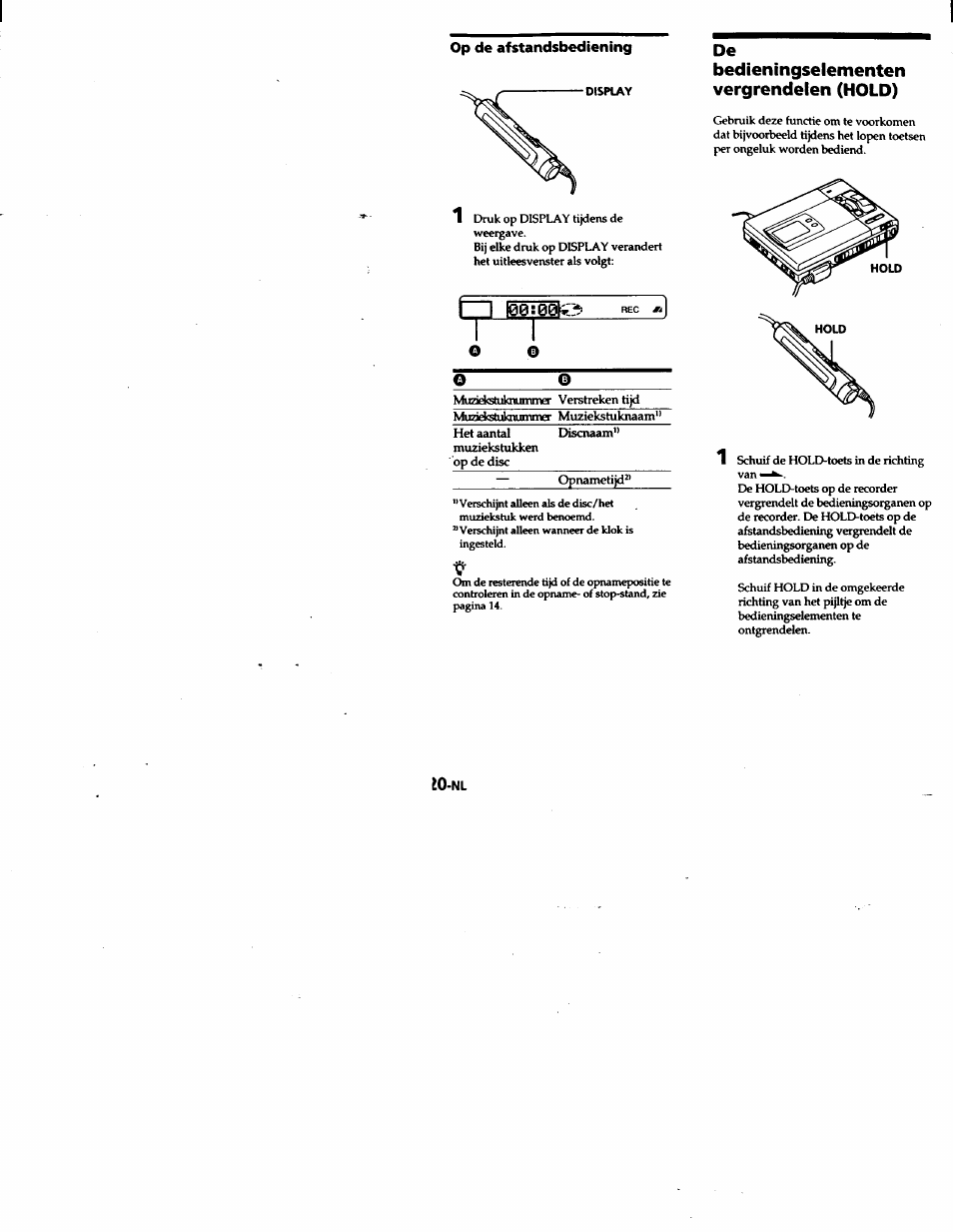 Op de afstandsbediening, Display, Io-nl | De bedieningselementen vergrendelen (hold) | Sony MZ-R50 User Manual | Page 171 / 195