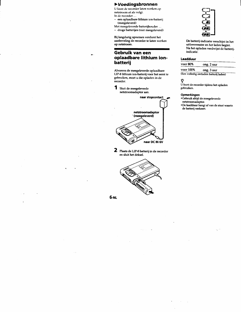 Naar stopcontact, Laadduur, P- voedingsbronnen | Gebruik van een opiaadbare lithium ion- batterij | Sony MZ-R50 User Manual | Page 177 / 195