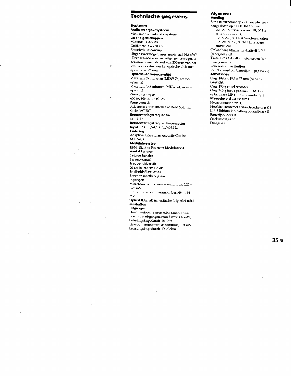 Systeem, Algemeen, Technische gegevens | Sony MZ-R50 User Manual | Page 189 / 195