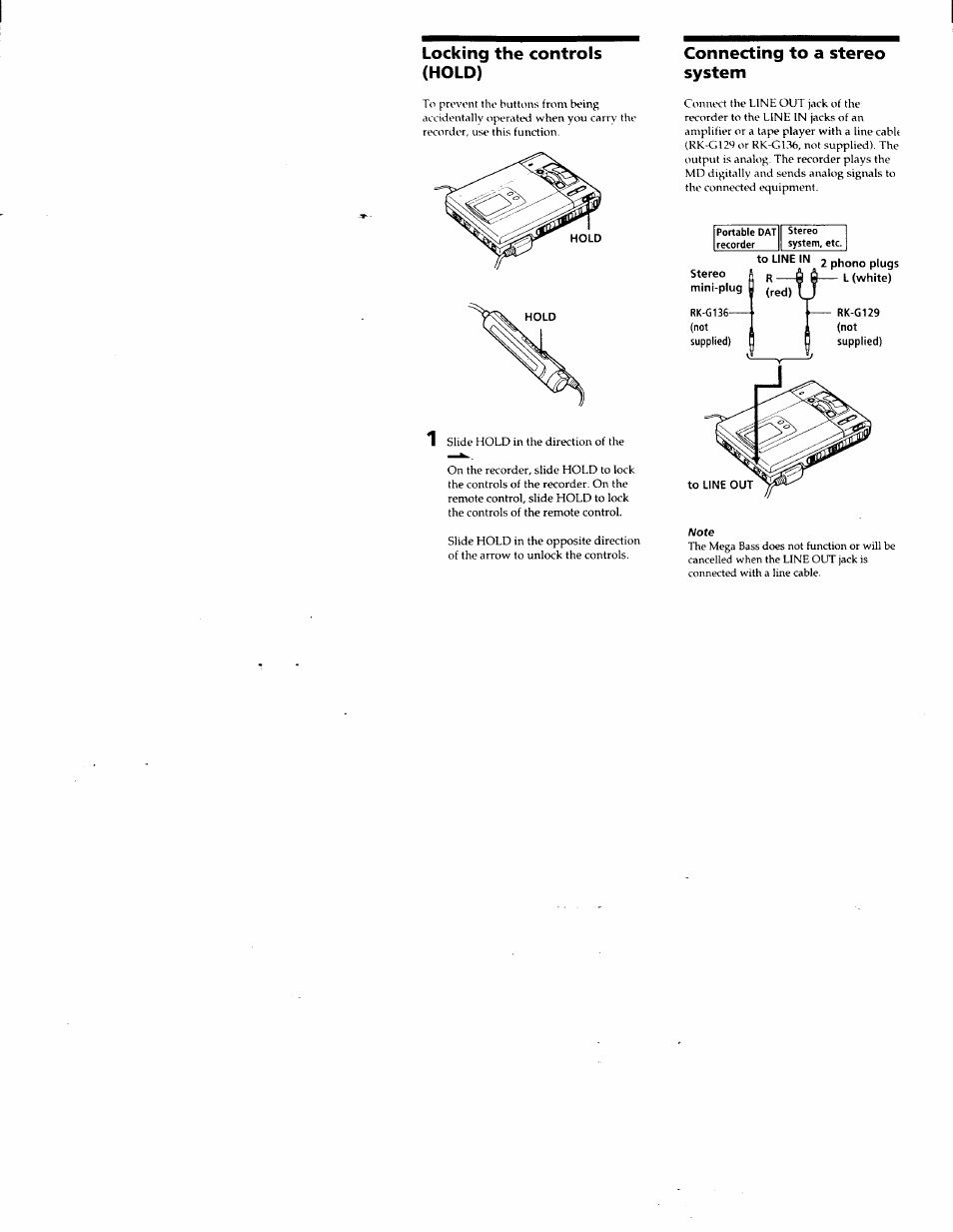 Locking the controls (hold), Connecting to a stereo system | Sony MZ-R50 User Manual | Page 20 / 195