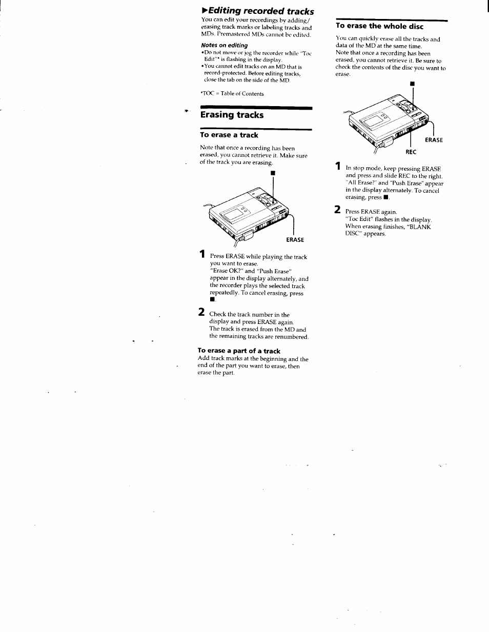 Erasing tracks, To erase a track, To erase the whole disc | To erase a part of a track, To erase a track to erase the whole disc, Editing recorded tracks | Sony MZ-R50 User Manual | Page 21 / 195