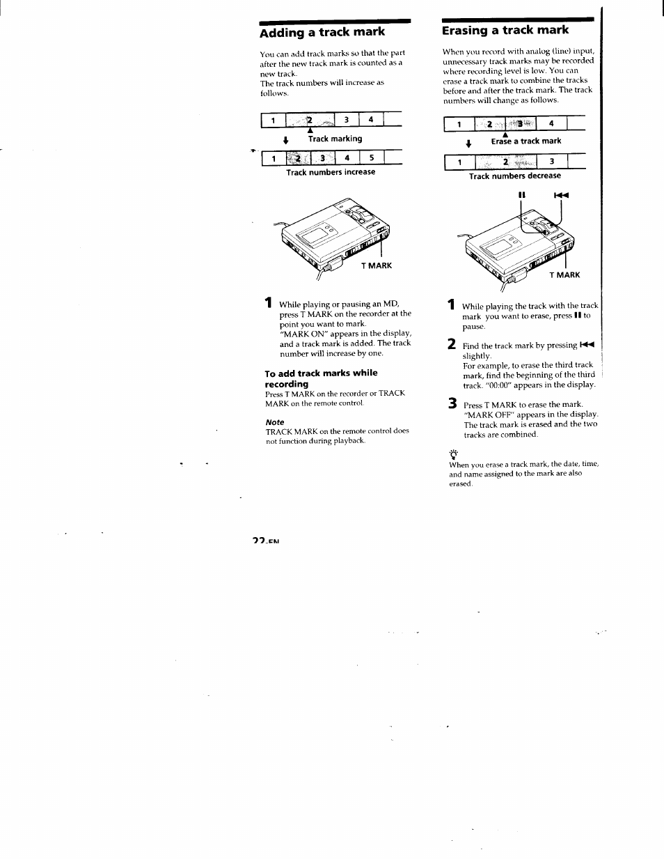 Adding a track mark, Erasing a track mark, Adding a track mark erasing a track mark | Sony MZ-R50 User Manual | Page 22 / 195