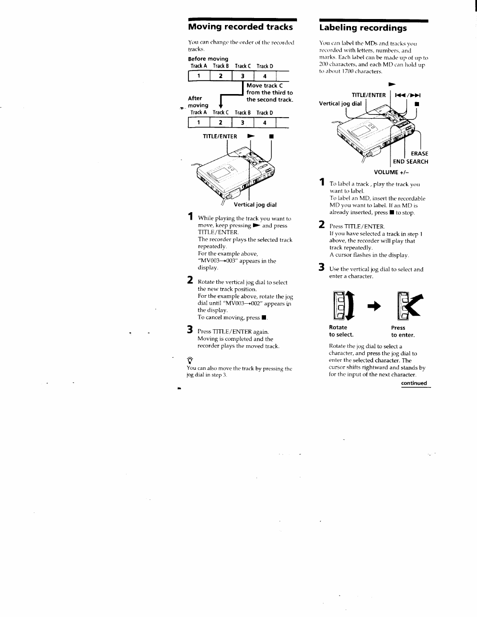 Moving recorded tracks, Editing recorded tracks, Moving recorded tracks labeling recordings | Sony MZ-R50 User Manual | Page 23 / 195