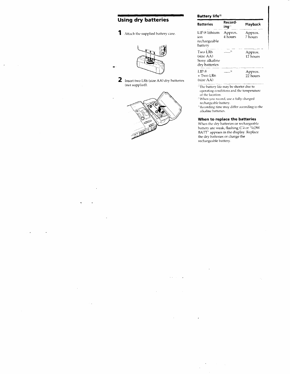 Battery life, When to replace the batteries, Using dry batteries | Sony MZ-R50 User Manual | Page 26 / 195