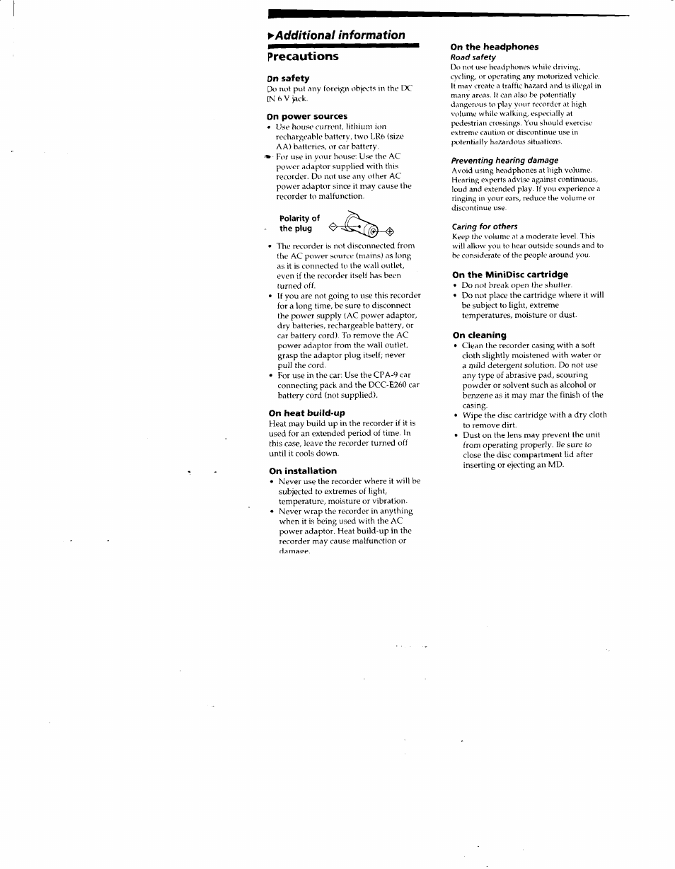 On safety, On power sources, Polarity of the plug | On heat build-up, On installation, On the headphones, On the minidisc cartridge, On cleaning, Power sources, Precautions | Sony MZ-R50 User Manual | Page 27 / 195