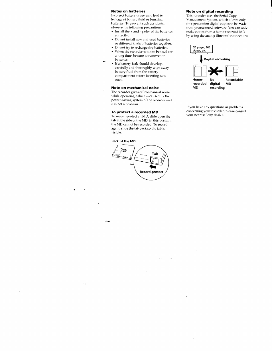 Notes on batteries, Note on mechanical noise, To protect a recorded md | Note on digital recording | Sony MZ-R50 User Manual | Page 28 / 195