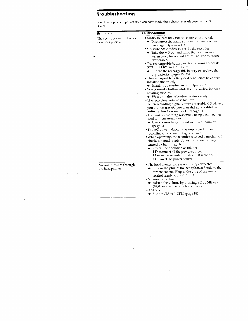 Troubleshooting, Cause/solution, T roubleshpoting | Sony MZ-R50 User Manual | Page 29 / 195