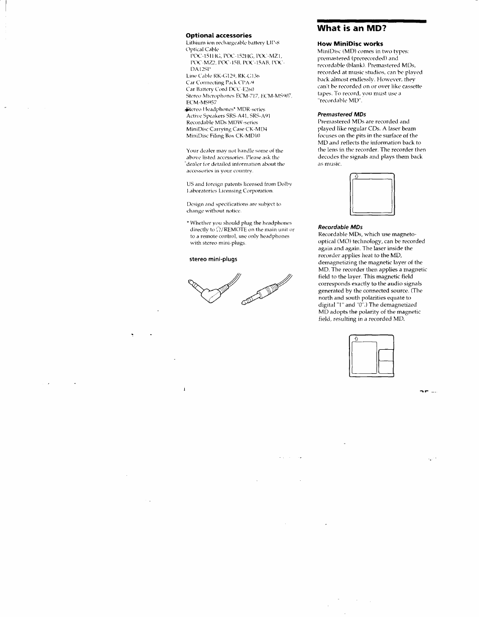 Optional accessories, How minidisc works, What is an md | Sony MZ-R50 User Manual | Page 35 / 195